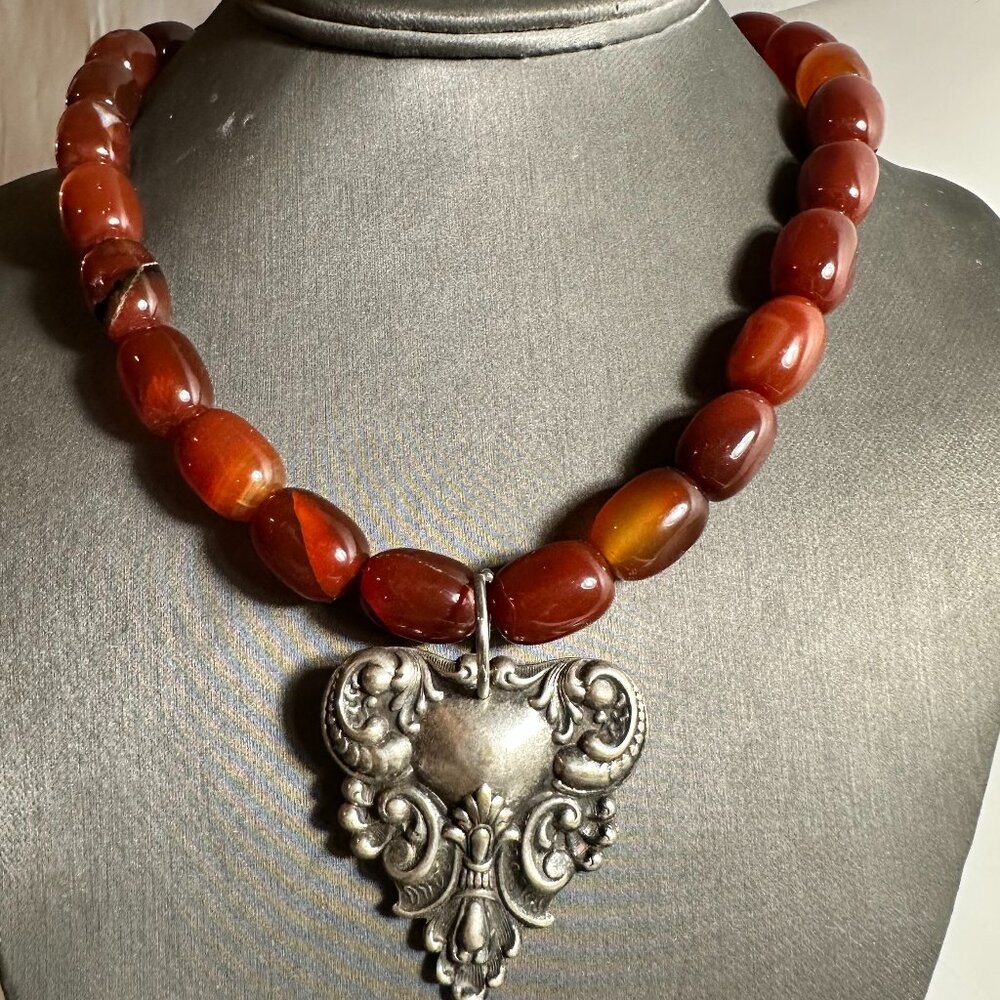 Genuine Carnelian Victorian Silver Pendant Gemstone Choker Goth Necklace Gift